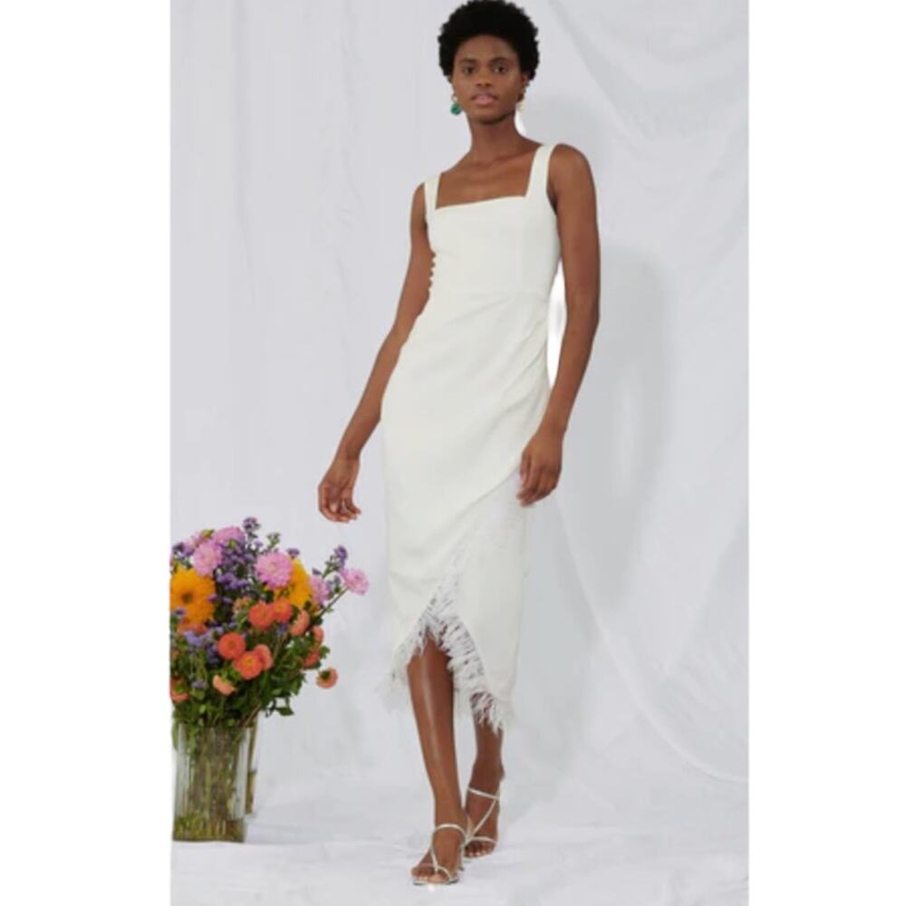 Saylor‎ Ostrich Feather Trim Midi Cocktail Dress White Size Small